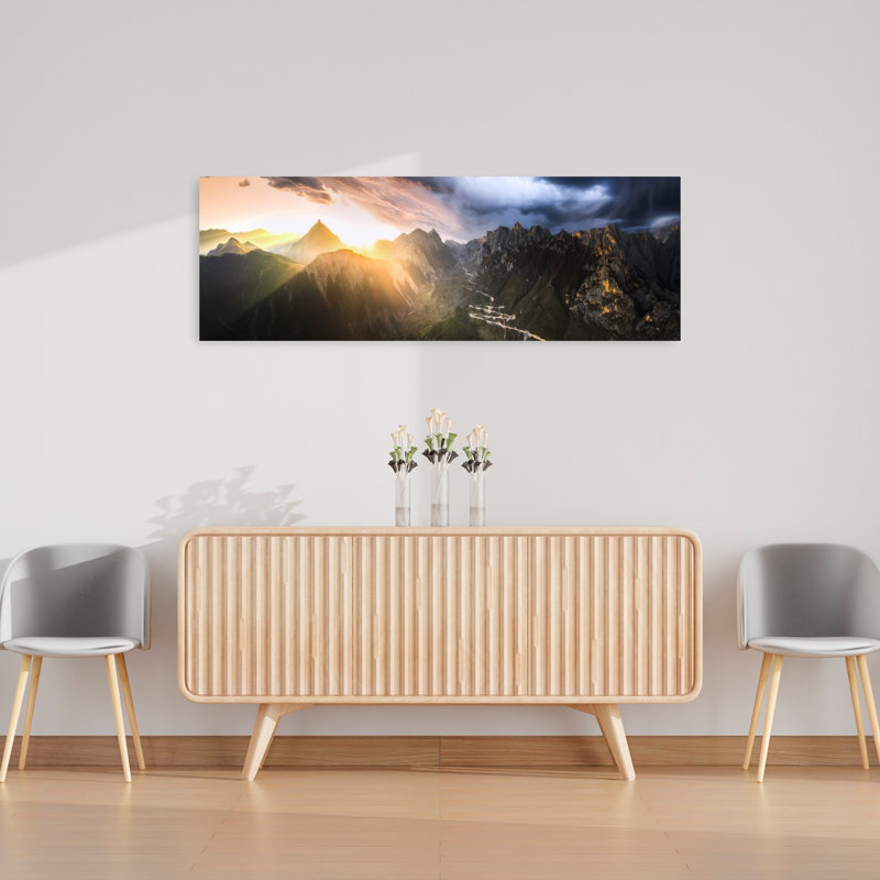 «Golden Valley Road», art dramatique abstrait contemporain, paysage de montagne, H 16 po x l 48 po