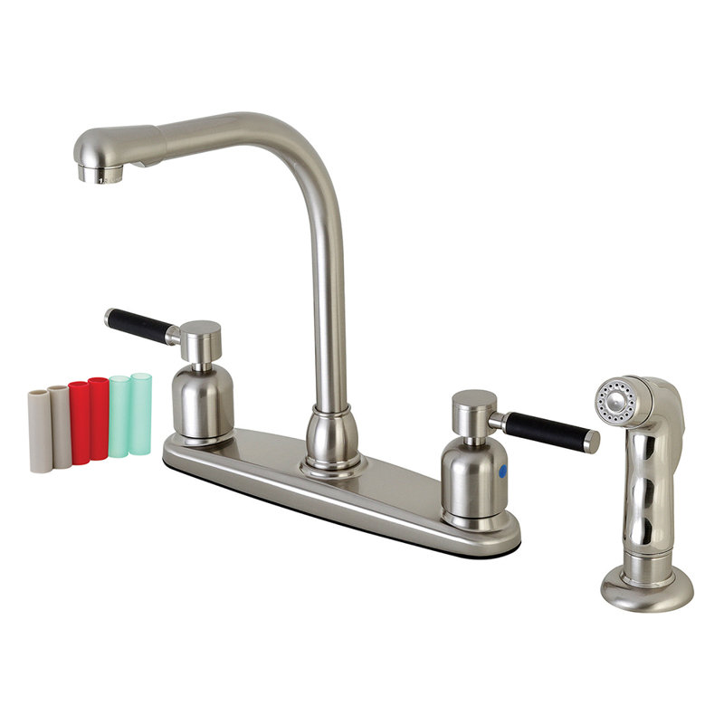 Kingston Brass Kaiser Two-Handle 4-Hole 8" Centerset Kitchen Faucet with Side Sprayer, Brushed Nickel
