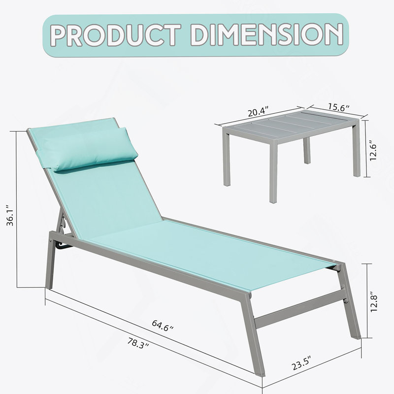 Ensemble de 3 chaises longues de patio, chaises longues de piscine en aluminium avec table d'appoint, fauteuil inclinable d'extérieur réglable pour la piscine, la plage, la cour et le balcon (bleu lac)