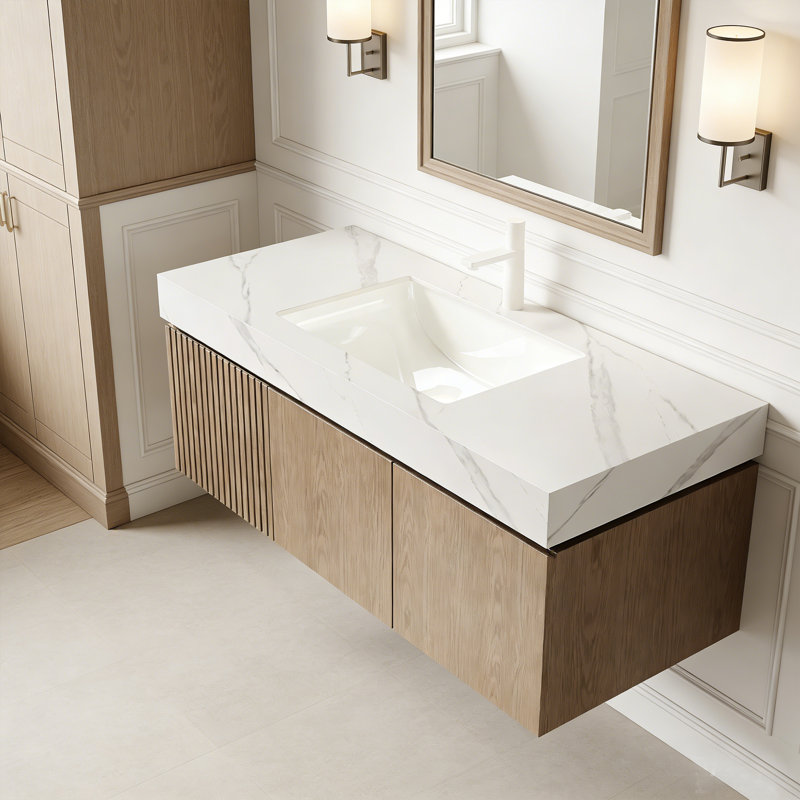 MURI Single Bathroom Vanity With Sink,Wall-Mounted Vanity, Light Oak, 48", Carrara White
