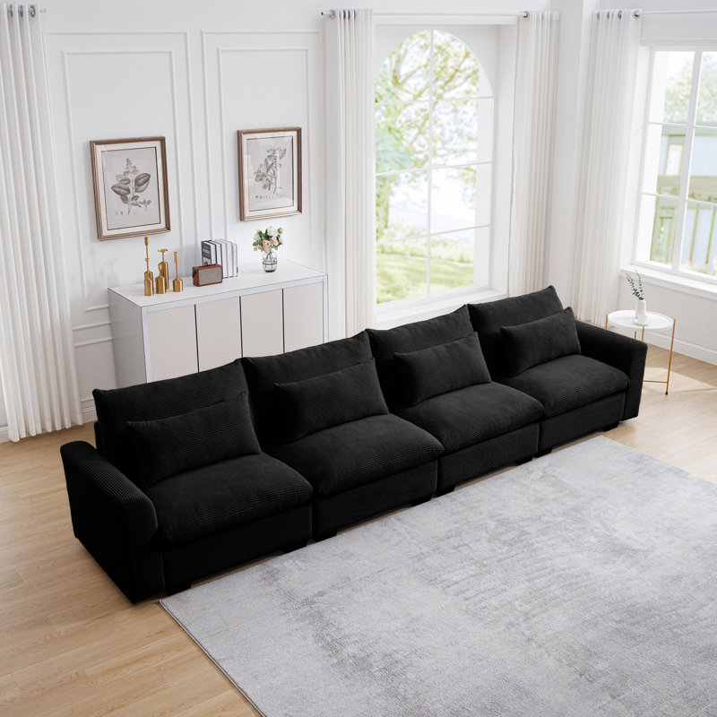 Siège profond 4 places pour un salon confortable - Velours côtelé noir avec coussins