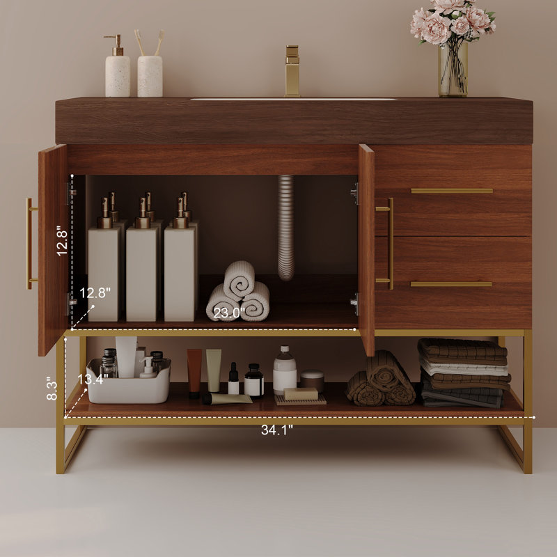 Ensemble de meuble-lavabo simple 36 po avec comptoir en pierre frittée et lavabo en céramique, Noyer
