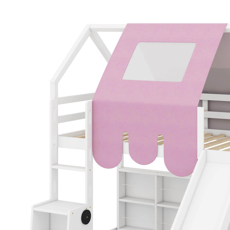 Lit mezzanine simple avec tente, Blanc / Rose