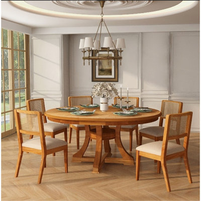 Ensemble de table de salle à manger 7 pièces French Country, table de salle à manger extensible ronde en bois + 6 chaises de salle à manger en rotin, meubles de salle à manger peu encombrants, polyvalent pour la salle à manger salon petit Apar