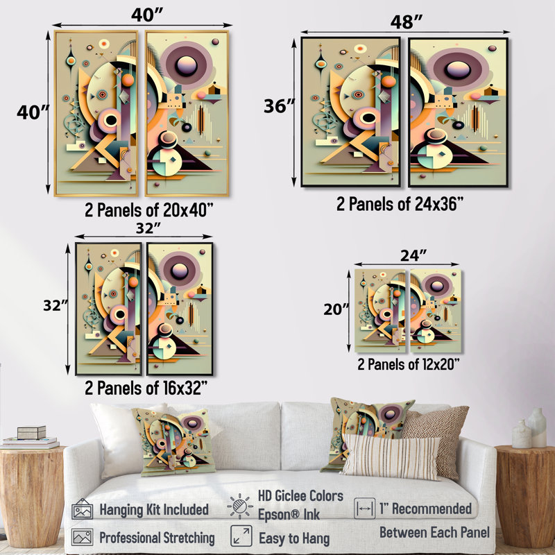 Pastel Art déco II - grand art mural géométrique 2 pièces, 36" H x 48" W, Impression encadrée flottante, Black