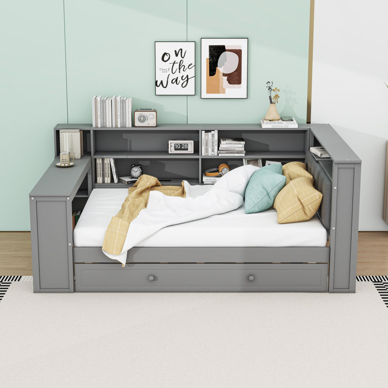 Daybed with Storage Shelves, Trundle, Charging Station, LED and Desk, Gray