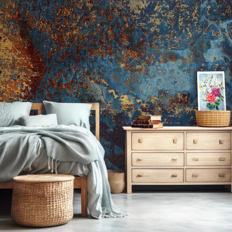 Murale abstraite métallique rouille bleue, L 108 po x l 96 po