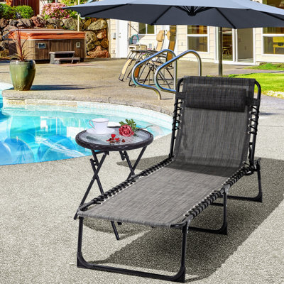 Chaise longue pliante avec coussin réglable et amovible, poche latérale, tissu en filet pour patio, jardin, plage, lit de jardin inclinable gris, siège respirant,