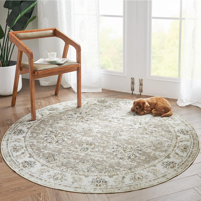 Tapis oriental lavable en chenille avec envers antidérapant pour salon , Taupe délavé, Rond 5 pi