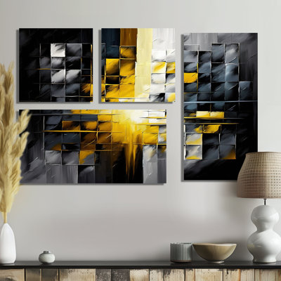 Abstrait géométrique noir et jaune IV - Art mural abstrait géométrique 4 pièces