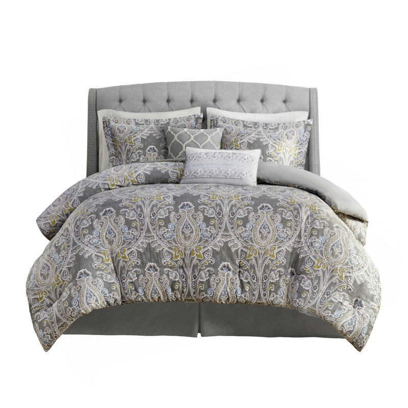 Ensemble d'édredon en coton 6 pièces gris, Édredon double et 5 pièces supplémentaires