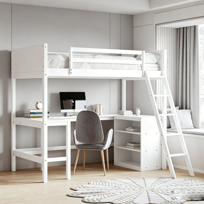 Twin Loft Bed With Desk And Bookcase, White