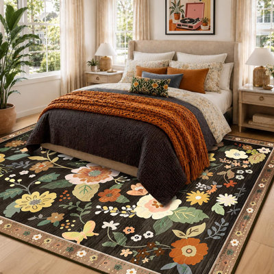 Motif floral 6 x 9 tapis lavable imprimé boho tapis mignon antidérapant fleur bas pour salon chambre cuisine bureau ferme-noir / jaune / rouge