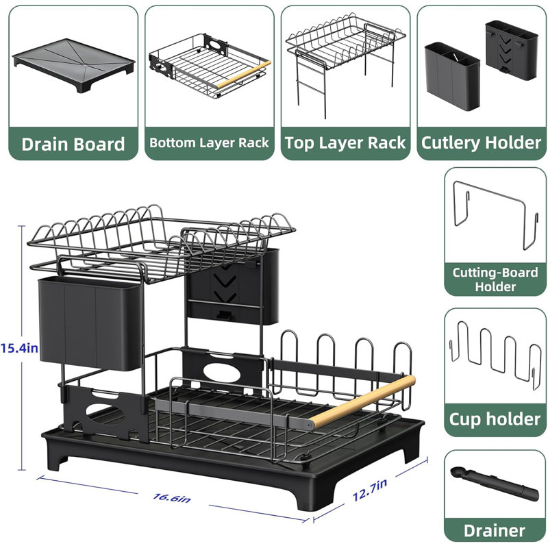 Égouttoir à vaisselle à 2 niveaux avec égouttoir automatique, égouttoir de cuisine antirouille avec porte-ustensiles amovible et porte-gobelet, conception peu encombrante