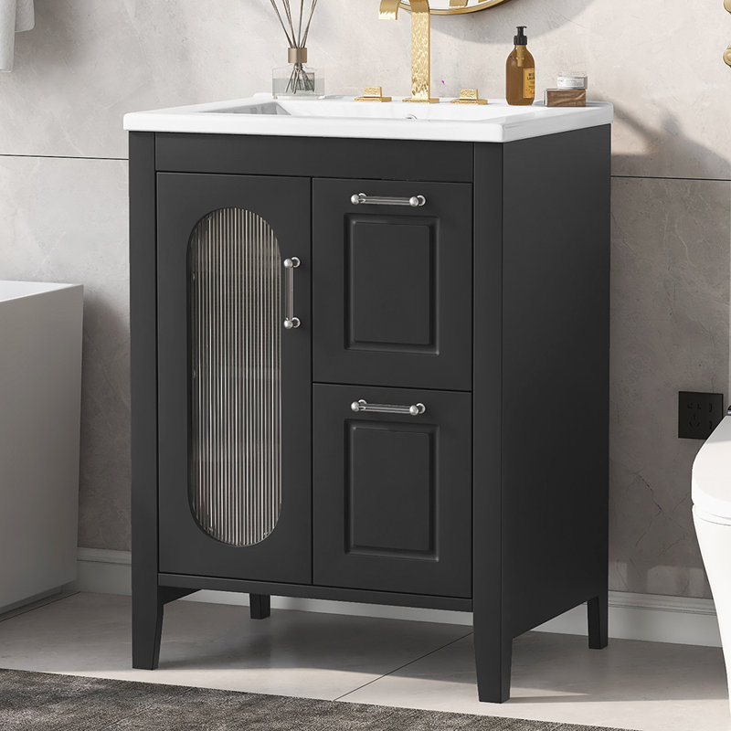 Armoire de meuble-lavabo avec deux tiroirs et porte, Noir, noir, noir, noir