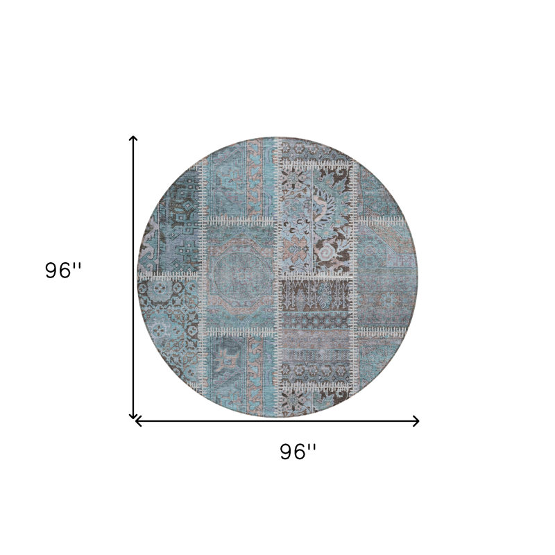 Tapis intérieur / extérieur rond 8 pi bleu turquoise et beige lavable