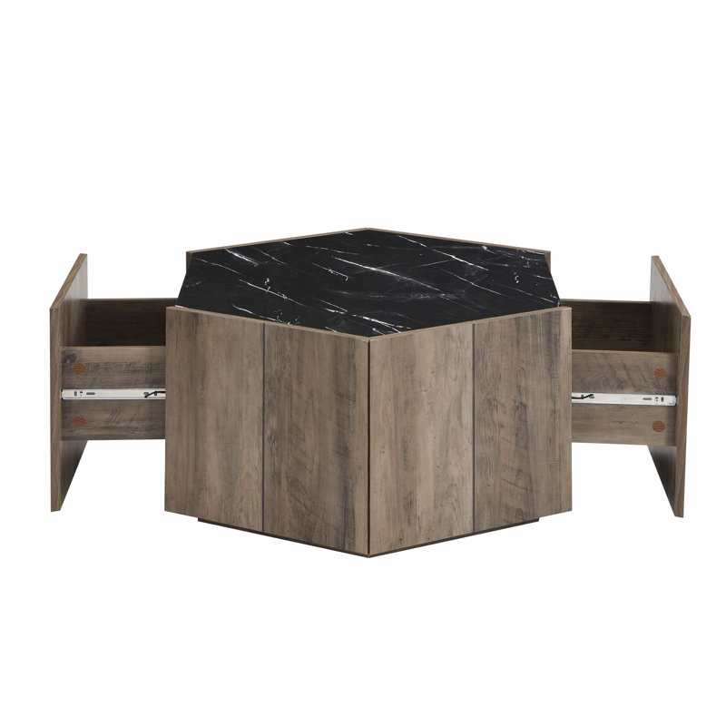 Table basse hexagonale rustique en bois rétro avec 2 tiroirs cachés, Plateau noir / base brun clair