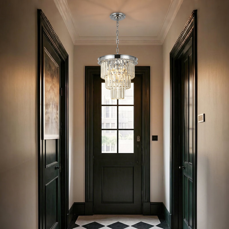 Makinlee Dimmable Crystal Tiered Chandelier, 11.81" H x 12.6" W x 12.6" D, 1 Light, Chrome