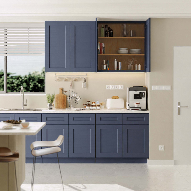Armoire murale en bois massif bleu marine Shaker - l 36 po x P 12 po x H 36 po, charnières à fermeture en douceur, tablettes réglables
