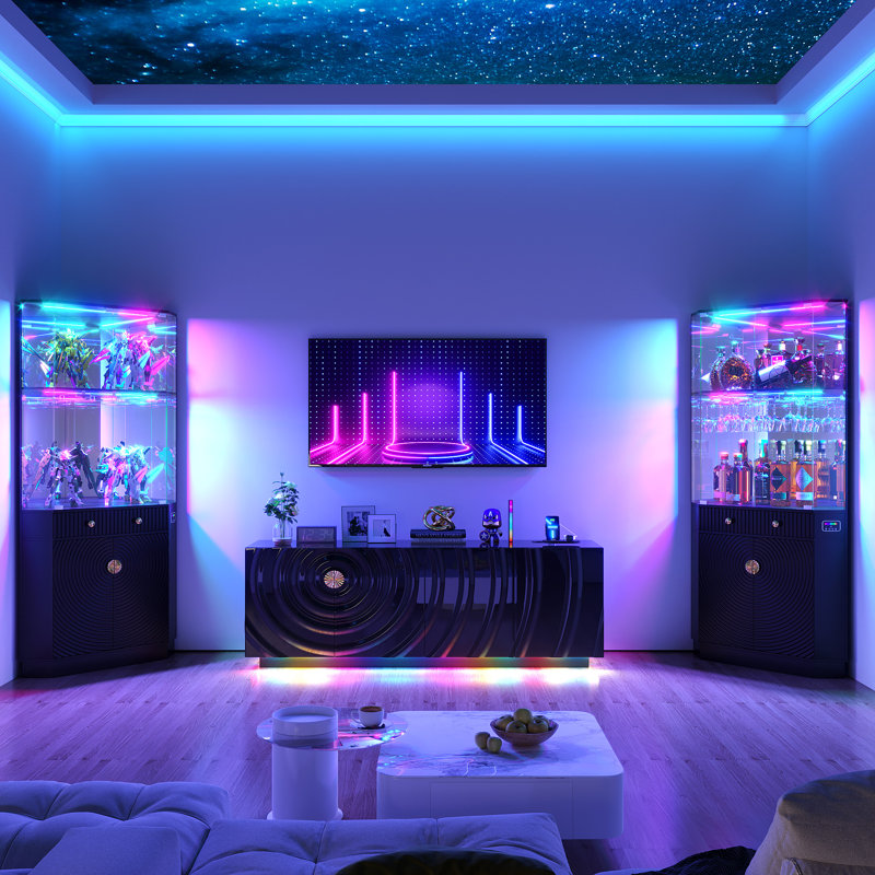Corner Display Cabinet with Human Body Sensor RGB Lights, Wine Cabinet Liquor Stand with Glass Holder, Black