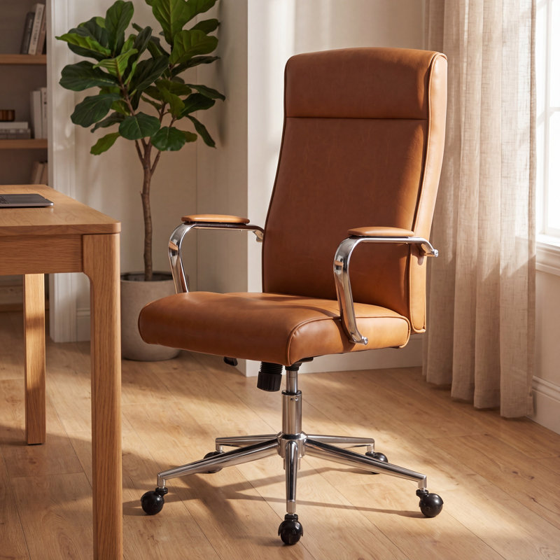 Chaise de bureau en similicuir à haut dossier, chaise de bureau d'ordinateur avec accoudoirs chromés et chaise de travail pivotante à 360 °, hauteur réglable pour le bureau personnel (brun)