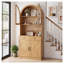 Armoire de rangement haute de style ferme, de forme cintrée, de 75 pouces, avec station de recharge, étagères réglables et comptoir-bar ouvert, fini chêne.