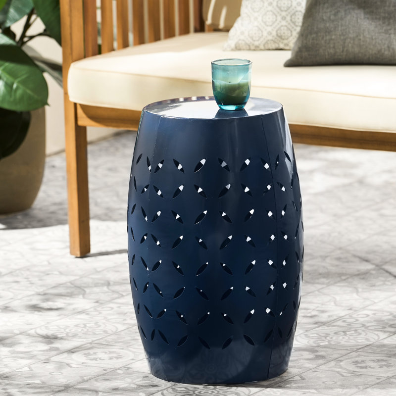 17.71In High Dark Blue Iron Lace Cut Backyard Side Table, 12.15In X 12.15In, And Charming, No Assembly Required 12.15"X17.71" Table With Cut, For Patio, Garden, Indoor, Easy Assembly-