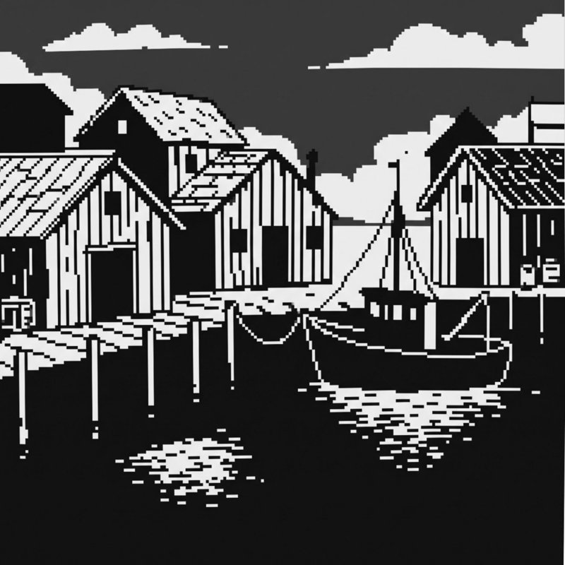 Édredon Pixel Art Harbor Scene, Lit simple, Noir blanc