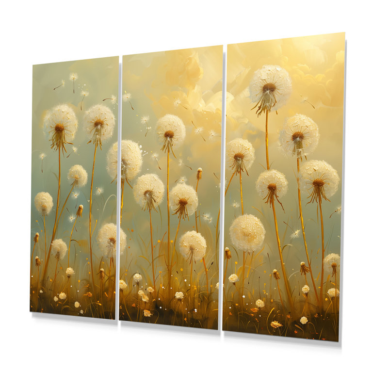 «Beige Blue Spring Dandelion Collage II», ensemble d'art mural pissenlit, Métal métal, H 28 po x l 36 po x P 1 po