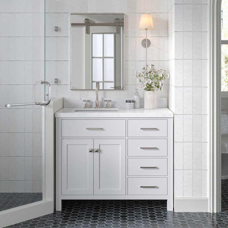 5_ARIEL Bristol 36 Single Sink Bathroom Vanity with Carrara White Quartz, White, Rectangle, 42" 