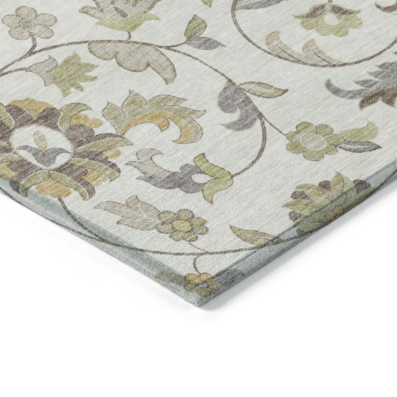 3' X 5' Ivory Brown And Green Floral Washable Indoor Outdoor Area Rug