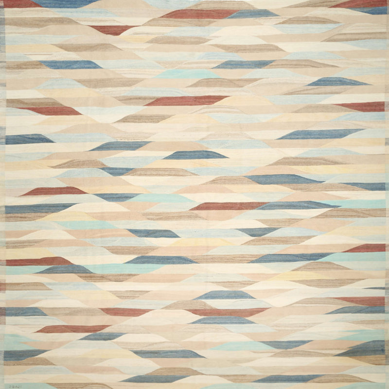 Tapis contemporain beige / bleu, Carré 6 pi