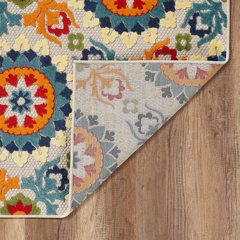 Tapis floral intérieur / extérieur orange / rouge / bleu, Rectangle 5 pi x 7 pi
