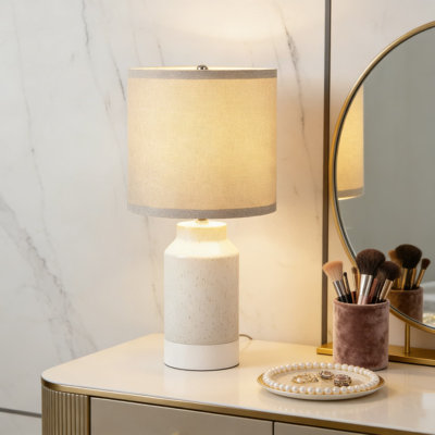 Ceramic Table Lamp With 3-Way Dimmable Switch And Linen Shade, Rustic Farmhouse Nightstand Lamp For Bedroom, Living Room, And Office