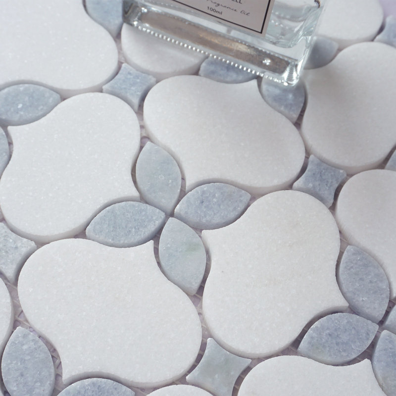 Clover Bloom 11.82 in. x 11.82 in. Floral Polished Marble Mosaic Tile, White/Blue