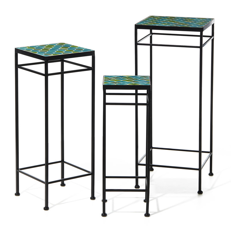 27.25"/24"/20" H Set Of 3 Sqaure Nesting Planter Stands With Green Pattern Ceramic Tiles Table Top