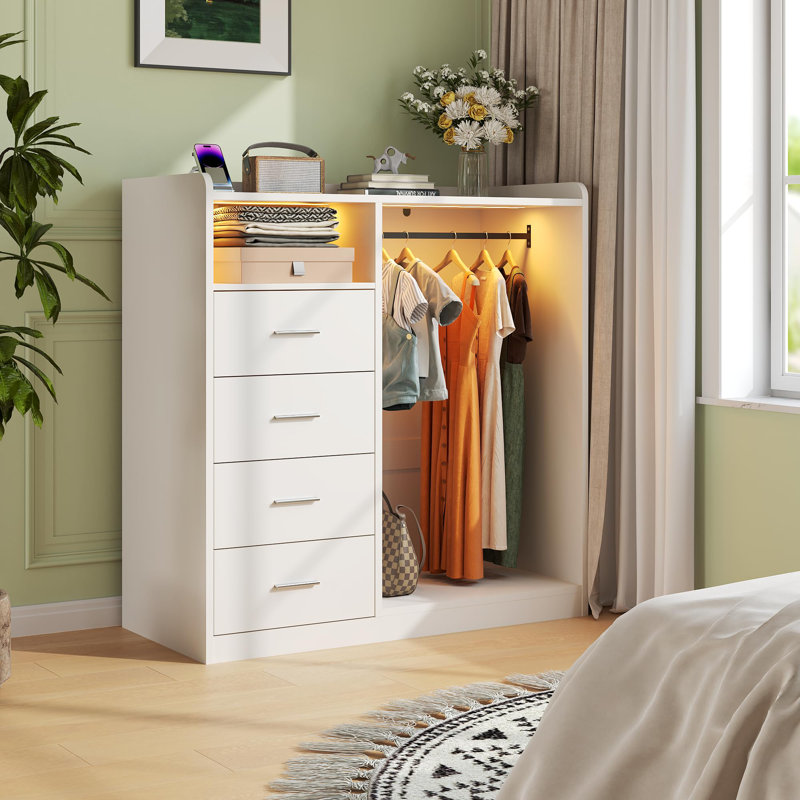 Commode de chambre à coucher avec support suspendu, commode de rangement à 4 tiroirs avec lumières DEL et station de charge USB