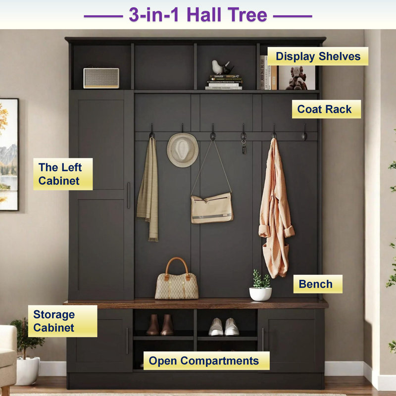 Arbre d'entrée 3 en 1 avec 6 crochets, banc, armoire gauche avec tablettes réglables et compartiments ouverts