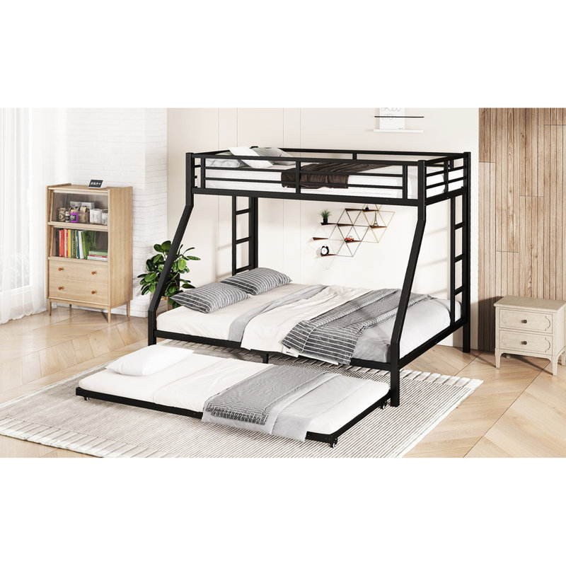 Lit superposé simple au-dessus de grand lit en métal noir avec lit gigogne, construction stable, 24 lattes, garde-corps large, revêtement durable, conception facile à nettoyer, cadre
