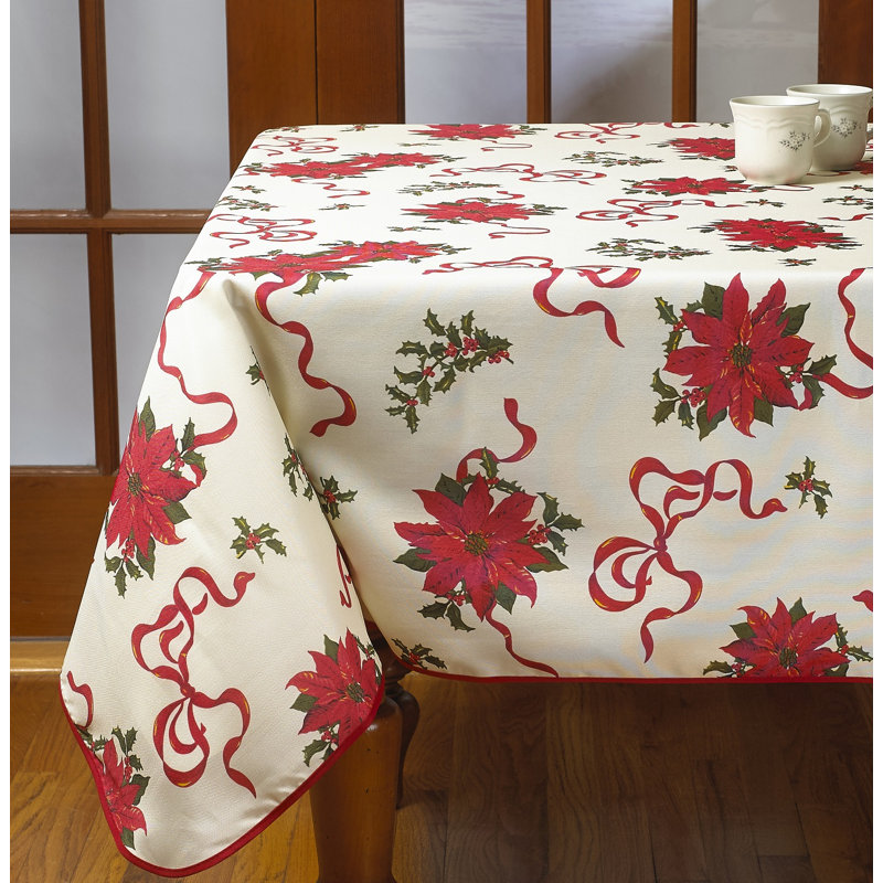 Poinsettias and Bows Decorative Christmas Tablecloth, 84" L x 60" W