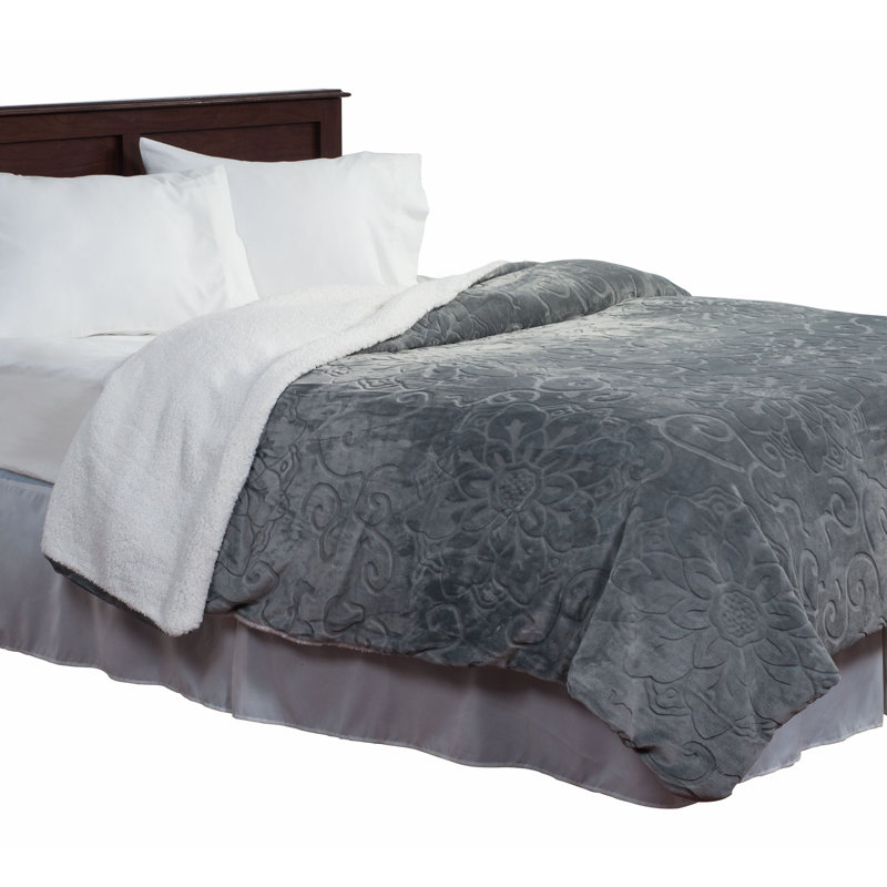 Grey Full/Queen Floral Etched Fleece Blanket with Sherpa