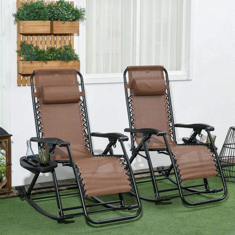 Chaises berçantes d'extérieur pliables à gravité zéro avec coussin, tasse et support pour téléphone (ensemble de 2)