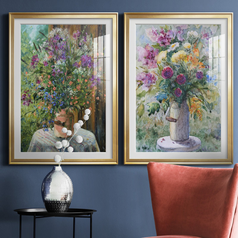 Farmhouse Bouquet - ensemble de 2 reproductions d'art, H 26,5 po x l 73 po x P 1,5 po, Papier encadré doré, Blanc
