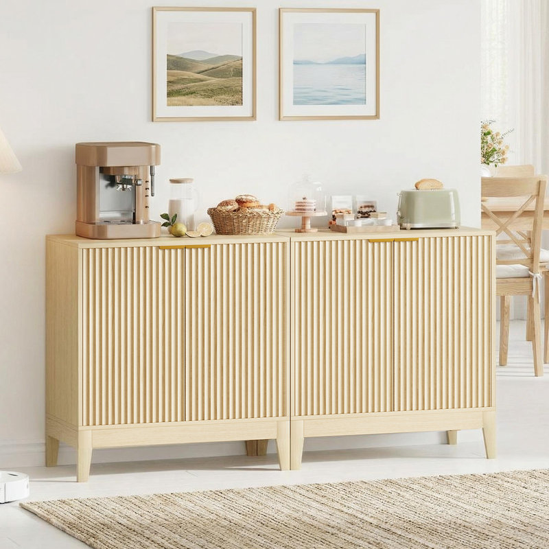 Buffet 32 "cannelé - Buffet Mid-Century moderne avec 2 portes, console de rangement multifonctionnelle pour le salon, la cuisine, la salle à manger, le vestibule, chêne naturel