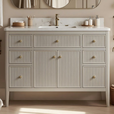 Collection ANDREA - Meuble-lavabo simple encastrable gris-blanc 48 po avec plateau en marbre de Carrare 