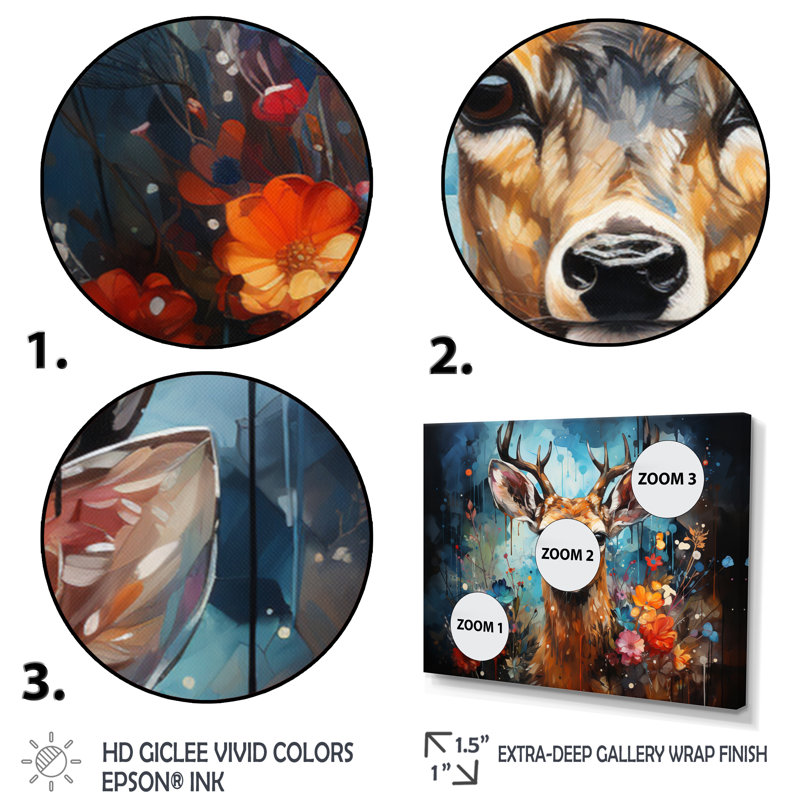 Art mural sur toile, "Deer Graceful Fawn Collage II", H 12 po x l 20 po x P 1 po, Cadre flottant doré