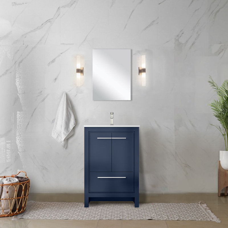 Lafarre 24'' Single Bathroom Vanity with Marble Top with Mirror, Navy Blue, White Cultured Marble