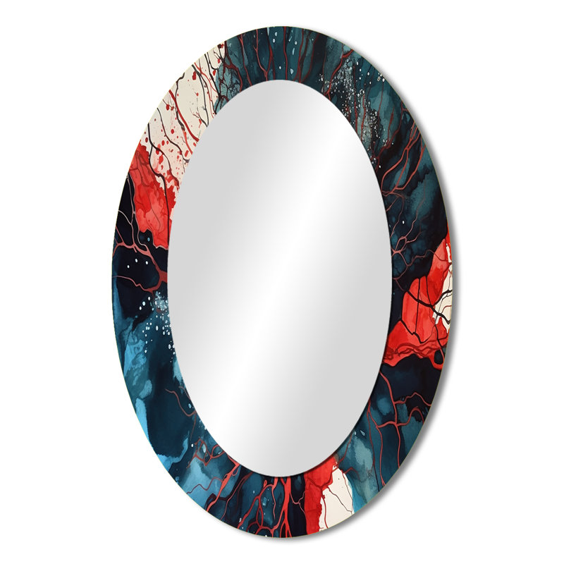 Blue Red Captivating Liquid Ink III - Large Oval Wall Mirror On Metal, 36" x 24"