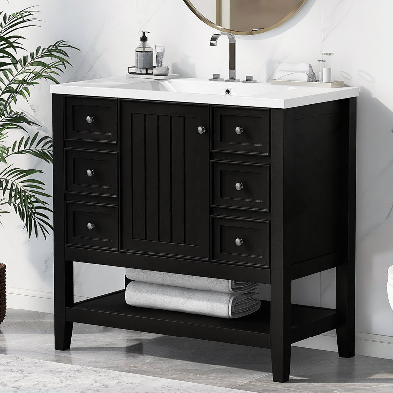 Ensemble de meuble-lavabo avec lavabo, une armoire et six tiroirs, Noir