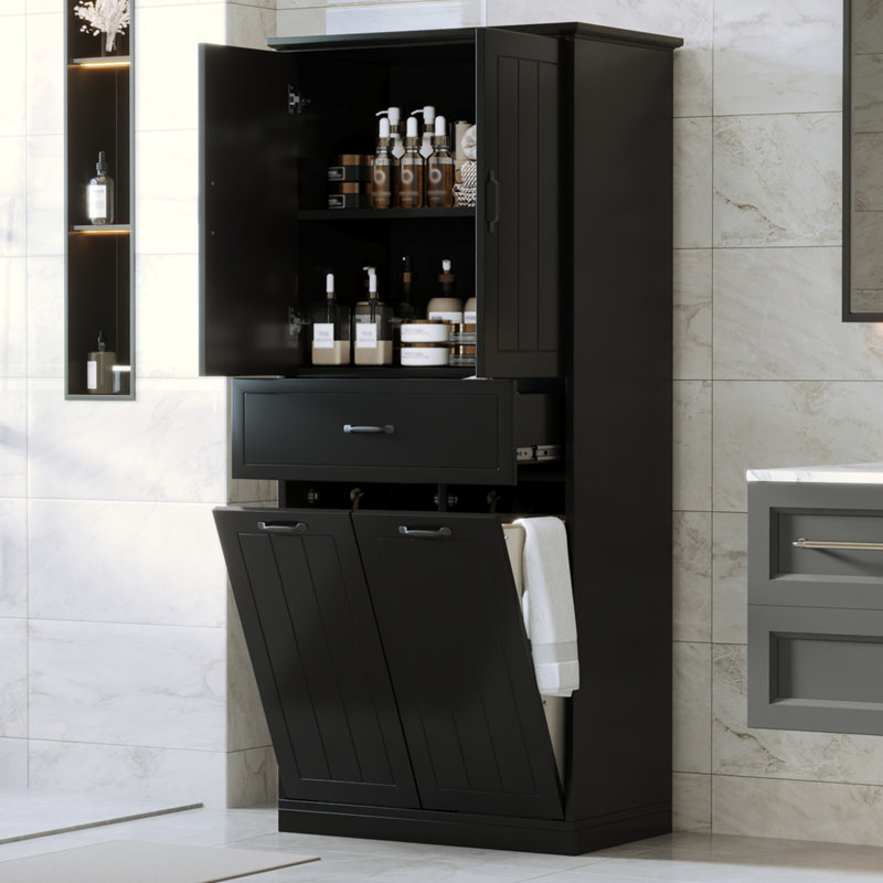 Armoire de rangement pour salle de bain avec deux paniers à linge, portes et tiroir pour une organisation à domicile efficace